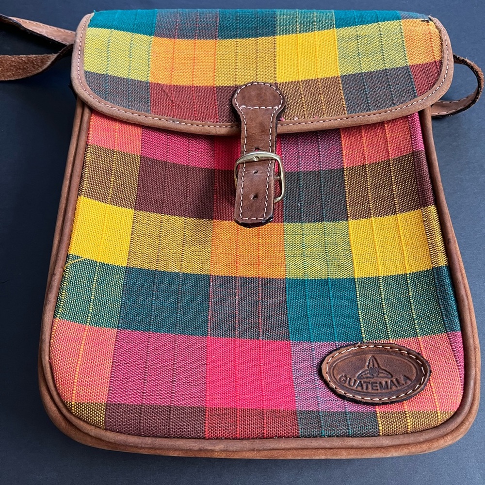 Canvas Bag - Satchel. Guatemala loomed bright  plaid